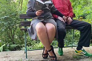 my stepmother with huge tits and big ass flashes outdoors helping with literature exam prep