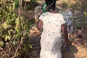 Outside, three studs fuck this shy village ebony girl in rough group sex with big black cock action