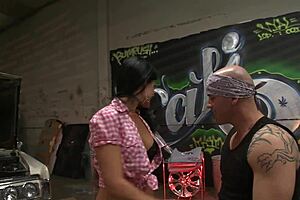 hey, how does this brunette slut in a denim skirt handle getting fucked hard in the workshop with squirting and facial?