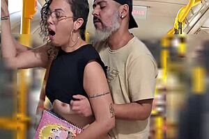 Slutty student takes that cumshot right in public on the bus!