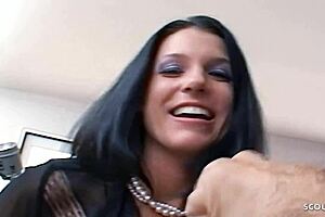 skinny black-haired mature with small tits takes rough fuck from fat cock, ending in facial cumshot