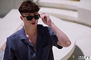 Milfy busty blonde MILF Laura Bentley spots pool boy's thick cock. She gives blowjob before riding cowgirl with fingering by the pool.