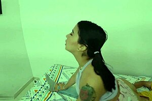 Stepmom gives hijastro a deep blowjob and doggystyle pounding with cumshot in bed.