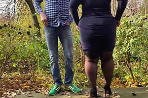 Mother-in-law spreads hairy pussy for outdoor peeing in stockings and heels