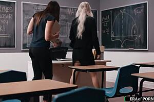 Milf teachers spot a colleague jerking off in the classroom. They join in for threesome blowjobs and deepthroat action.