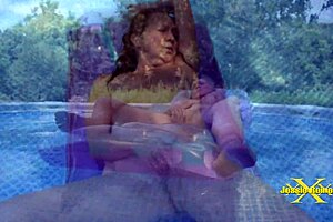 wet and horny milf flashes natural tits outdoors by the pool