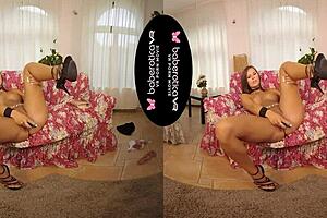 Jenifer Jane masturbates solo with a dildo in VR reality.