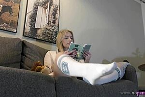 Busty all-natural big tits big ass MILF reads book but takes panties off on couch