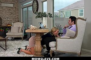 I'm sucking my cock under the desk as my freeuse wife handles it while I chat with the boss.