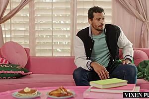 Blonde milf Alexis with big tits deepthroats college stud's cock in interracial blowjob until he cums on her