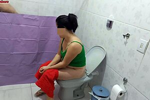 stepmom hangs a curtain in the bathroom just to peek at stepson bathing