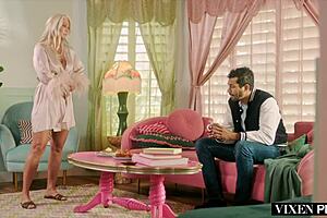 Blonde milf Alexis with big tits deepthroats college stud's cock in interracial blowjob until he cums on her