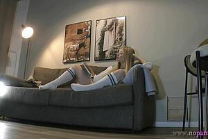 Busty all-natural big tits big ass MILF reads book but takes panties off on couch