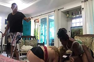 in a casual threesome scene, latina milf c odara teams up with melissa and aleczander for interracial group action