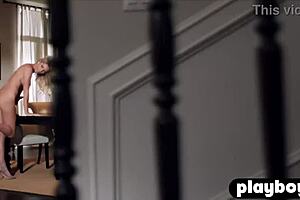 Busty blonde in sexy lingerie and cougar enjoys posing for the playboy, uh, with her big tits and ass showing.