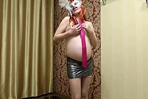 Pregnant milf tempts with hairy pussy and natural tits in homemade solo fetish play