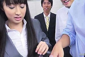 In an uncensored JAV scene, a skinny Japanese secretary entices her colleagues into a wild Christmas gangbang. She receives multiple creampies in various positions like cowgirl and missionary.