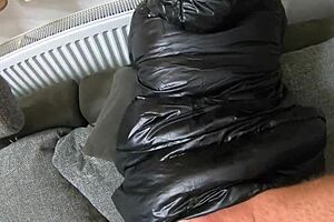Milfycalla cum play on new long black shiny puffy jacket for impotent husband to lick preview