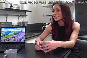 European office cougar Angela seduces Melany for bisexual threesome with Cris Angelo in French stockings lingerie.