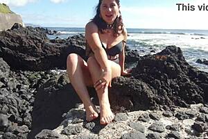 check out this foot fetish action from my hairy stepmom with big tits on the public beach