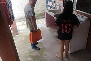 The housewife pays the technician with her big curvy ass while her husband is away. She moans as he licks and fucks her tight pussy in homemade action.