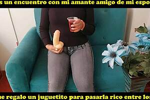 Wife gets first double penetration from lover using thick dildo while husband watches in swinger humiliation.