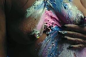 messy food birthday cake girl having fun