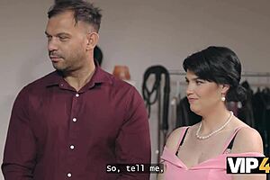 European brunette wife in stockings dances at night club before submissive cuckold session with husband watching.