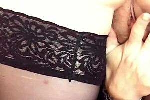 Sexy blonde MILF masturbates her wet hairy pussy to orgasm with fingering and handjob in doggystyle pose wearing stockings and high heels for fetish solo play in bedroom