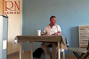 hey guest, eat from this naked waitress's navel at the restaurant while she serves with her curvy natural tits out