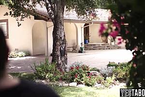 hey, busty milf and her hubby punish that teen 18+ neighbor with intense double penetration using strapon and cock