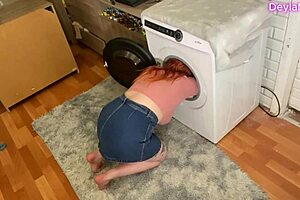 Stepmom stuck in washing machine gets huge cock insertion into her big tits pussy