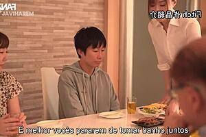 milf sucks small dick of daughter's friend in shower before creampie in missionary position