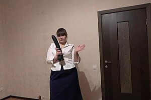 Why does this chubby boss fuck her big ass with huge dildo in thong after work?