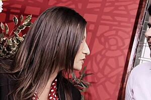 horny brunette milf with big boobs sucks cock and gets fucked in a bar