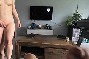 it's thrilling to grope my small tits and wet pussy on the desk while my french husband watches and spits milk on me