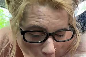 Streetwalker with glasses deepthroats a cock then sucks off every drop of cum after a man cums in her mouth