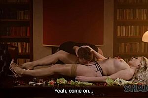 oh man this blonde european milf neighbor shes such a slut in stockings getting fucked sideways on desk with food play