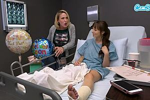 Horny big tits milf boldly masturbates on hospital bed and gives stranger intense handjob with cum on tits