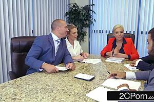 Whoa, that big tits boss lady just face-sits her loudmouth employee and rides him hard on the desk.