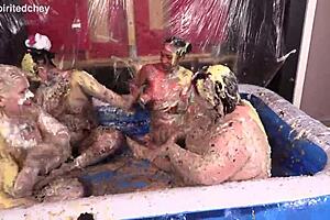 four hot women dive into messy bisexual fun with licking