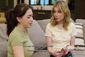 Innocent busty stepmom seduces stepdaughter's friend for wild lesbian threesome! Big tits and pussy licking explode!