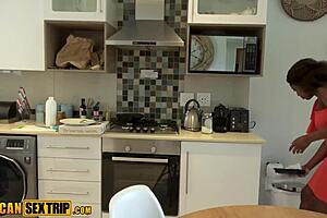 busty big booty ebony milf takes big white dick for kitchen fuck and cumshot