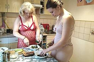 two naked cute teen 18+ virgin girl and sexy milf platinum kiss in kitchen. they explore big ass milf perfect ass with natural tits pussy fetish old and young 18+ taboo role play  