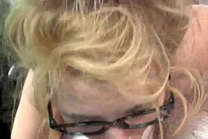 Streetwalker with glasses deepthroats a cock then sucks off every drop of cum after a man cums in her mouth