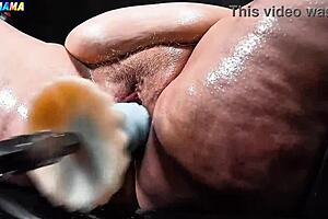 horny mature godmama stretches her hairy wet cunt with toys in garage solo session pushing to squirting orgasm