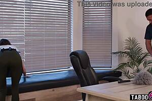 Janitor and office worker double penetrate and fuck milf maid after catching her