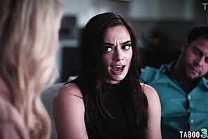 Hot milf secretly films her husband roughly anal fucking petite assistant Sophia Burns with deepthroat action.