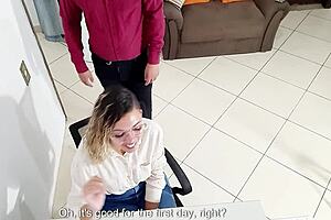 Secretary bends over desk for boss to drill her asshole in office anal fucking. He gives facial cumshot after fingering her natural tits.