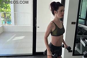 why go naked for the next gym workout with this skinny tattooed brunette?